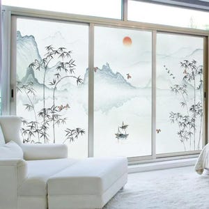 Customized Size Bamboo Landscape Window Film Glue-Free Static Cling Privacy Sticker Sun Blocking Frosted Glass Door Film