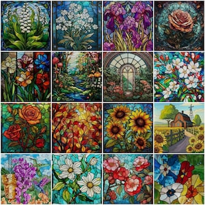 Op de afbeelding: Een collage van 10 glas-in-loodramen met verschillende bloem- en natuurthema's. De ontwerpen omvatten lelies, rozen, zonnebloemen en andere bloemen in levendige kleuren.