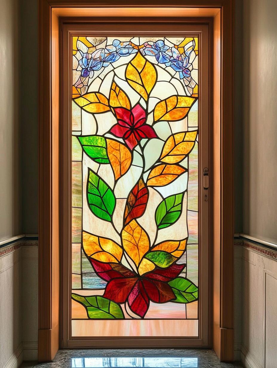 ステンドグラス　Glass　Leaves Custom Size Autumn Leaves and Wildflowers Stained Glass Window