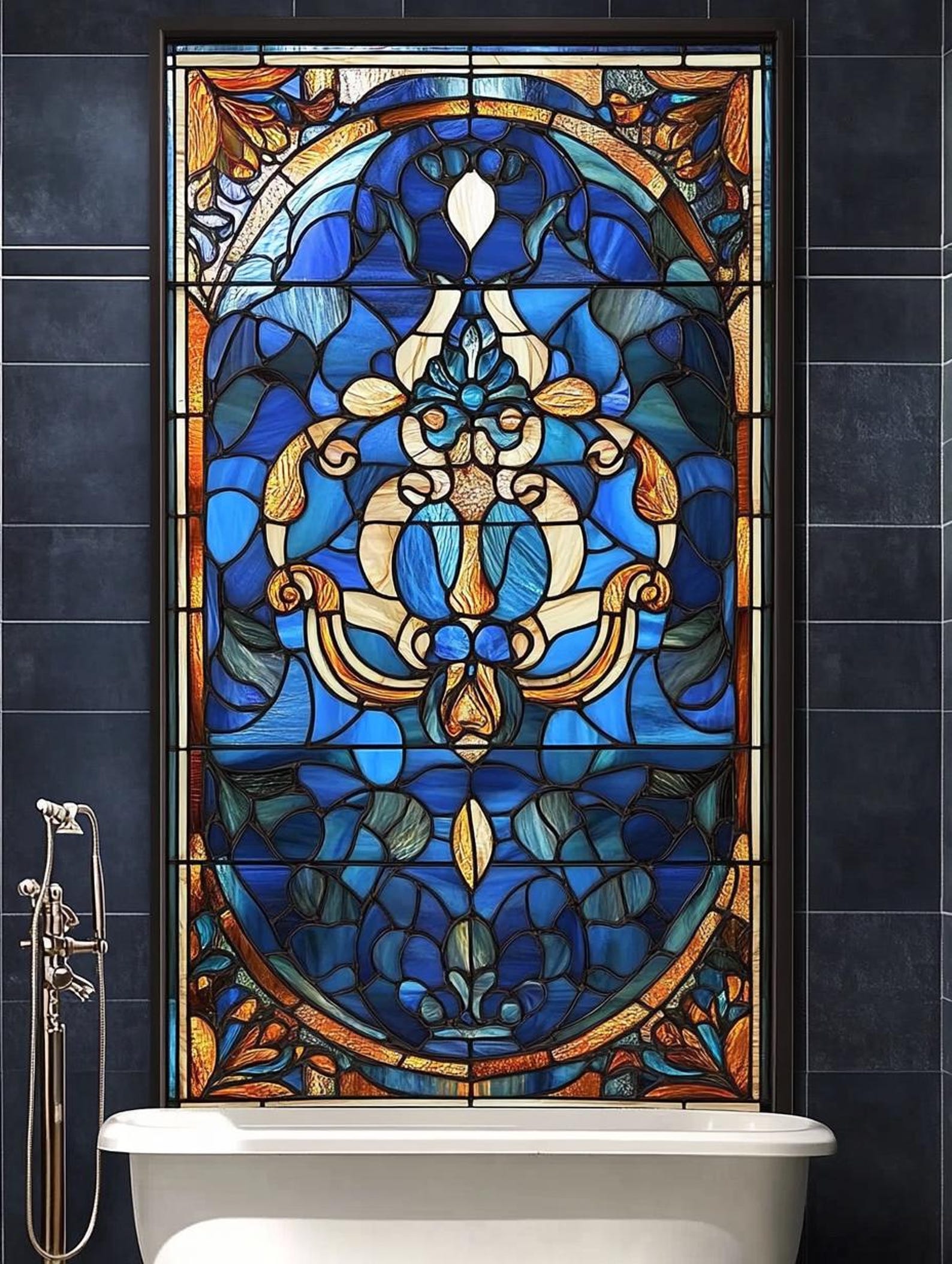 Custom Size Elegant Stained Glass Window Film With Blue Swirls and ...