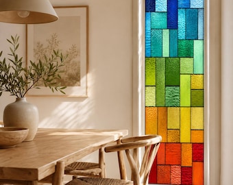 Customized Size Rainbow Geometric Stained Glass Window Film for Dining Room Colorful Privacy Panel with Modern Mosaic Look