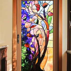 Custom Size Abstract Tree Stained Glass Window Film Nature-Inspired Static Cling for Door Living Room or Entryway Privacy Decor