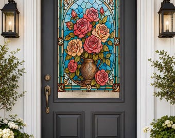 Art Deco Rose Stained Glass Effect Window Film, Custom Size Static Cling for Front Door or Window