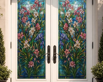Green Floral Stained Glass Effect Static Cling Window Film, Custom Size for French Door Privacy