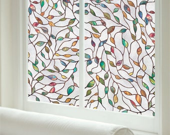 Custom Size Frosted Artscape Colorful Leaves Pattern Window Film Static Cling Stained Glass Minimalist Home Decor Bathroom Privacy Bedroom
