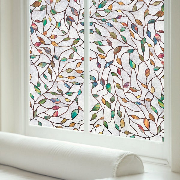 Custom Size Frosted Artscape Colorful Leaves Pattern Window Film Static Cling Stained Glass Minimalist Home Decor Bathroom Privacy Bedroom