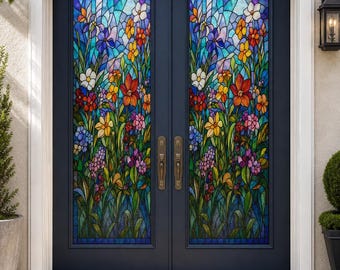Green Floral Glass Effect Static Cling Window Film, Custom Size Privacy Decor for Doors & Windows