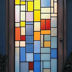 May include: A stained glass window featuring a geometric design in shades of blue, yellow, red, and orange.