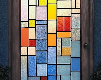 Custom Size Colorful Grid Window Privacy Film Geometric Block Style Faux Stained Glass Cling for Kitchen Office Bathroom Door Decor