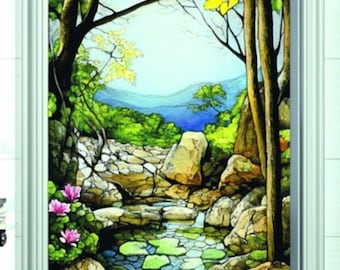 Película estática artística personalizada para ventanas con vista a Stone Creek y Mountain, ideal para mamparas de vidrio, puertas de baño o áreas de lectura.