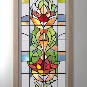 May include: A stained glass window with a floral design. The window is made up of small pieces of glass in various colors, including red, yellow, green, and blue. The design features a stylized flower with a long stem and leaves.