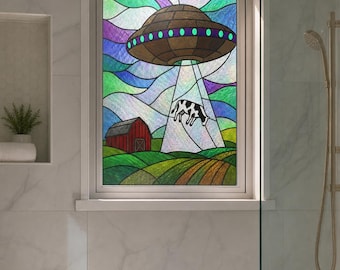 UFO Abducting Cow Stained Glass Effect Window Film, Custom Size Available