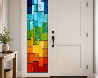 Customized Size Rainbow Geometric Stained Glass Window Film for Narrow Window Modern Color Block Privacy Decor for Entryway