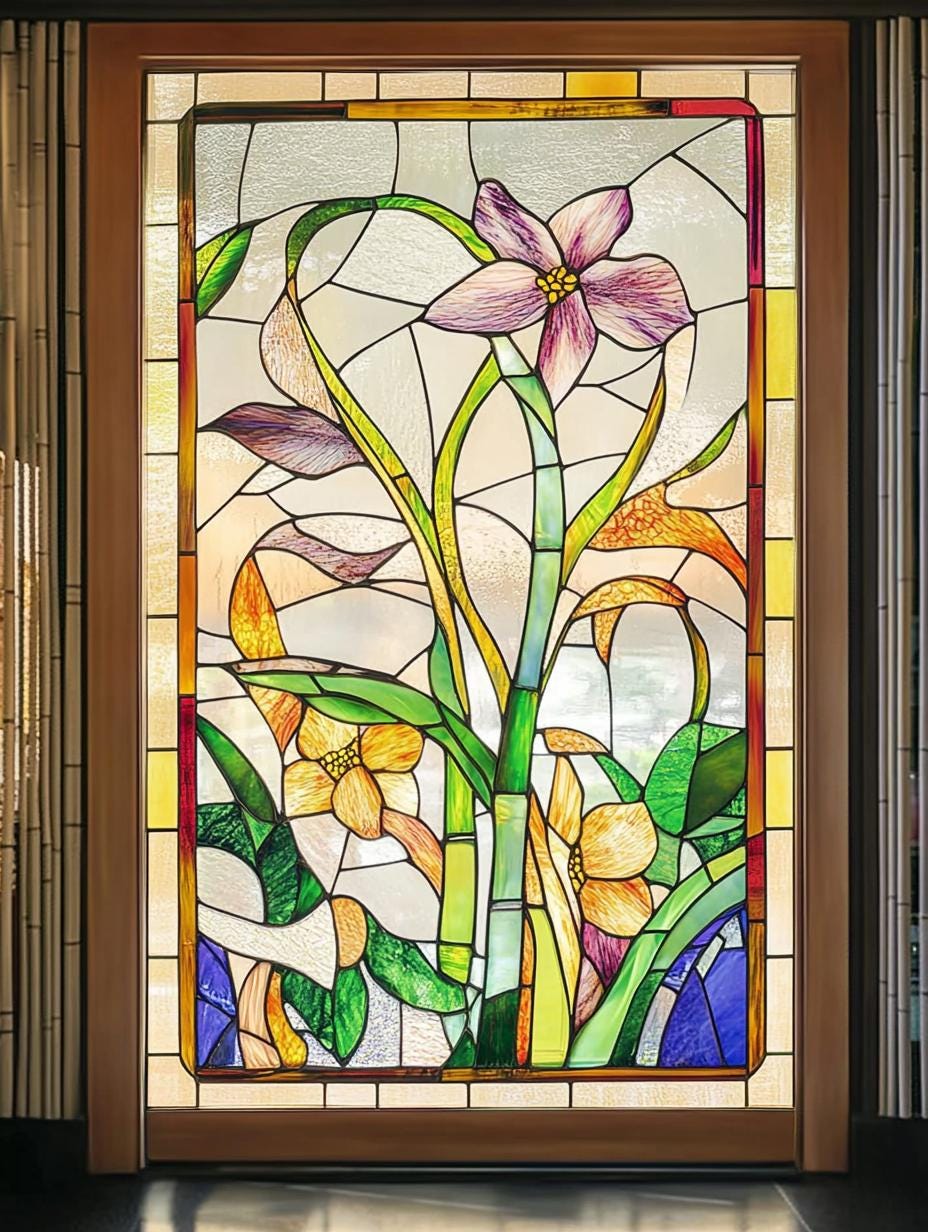 Custom Size Stained Glass Window Film Featuring Vibrant Flowers and ...