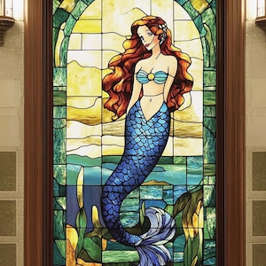 Custom Size Mermaid Stained Glass Window Film Decorative Ocean Design Privacy Cling for Home Decor