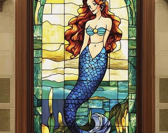 Custom Size Mermaid Stained Glass Window Film Decorative Ocean Design Privacy Cling for Home Decor