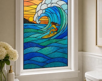 Privacy Film with Surfer Wave Sunset Stained Glass Effect, Custom Size Available