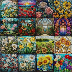 May include: A collage of stained glass window designs featuring various flowers, including sunflowers, lilies, roses, and daisies. The windows are set against a backdrop of nature scenes, such as a lake, a forest, and a field of sunflowers.