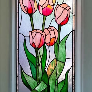 Custom Size Pink Tulip Garden Window Privacy Film Non-Adhesive Decorative Vinyl for Glass Doors Bathrooms and Living Room Windows
