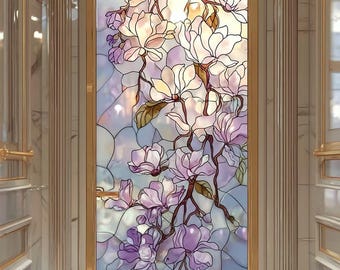 Customized Size Floral Magnolia Stained Glass Window Film Static Cling Privacy Film for Glass Door Bathroom Bedroom Hallway Decor