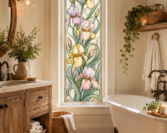 Customized Size Iris Stained Glass Window Privacy Film Elegant Floral Art Panel for Warm Rustic Farmhouse Bathroom Decor