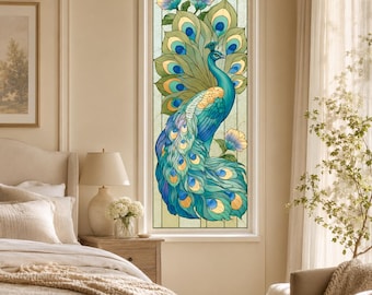 Customized Size Peacock Stained Glass Window Privacy Film With Floral Feathers Blue Green Glass and Elegant Front Door Decor