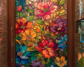 Customized Size Colorful Floral Stained Glass Window Film Frosted Privacy Static Cling Decorative Window Covering for Glass Doors