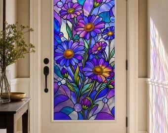 Art Deco Floral Stained Glass Effect Window Film, Purple Blue Static Cling, Custom Size for Front Door Glass
