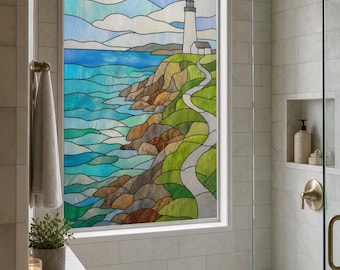 Privacy Film with Coastal Lighthouse Stained Glass Effect, Blue Green, Custom Size