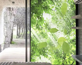 Custom Size Sun Green Leaves Window Film Frosted Privacy Glass Door Film Anti-UV Non-Glue Static Cling for Window Glass Decor