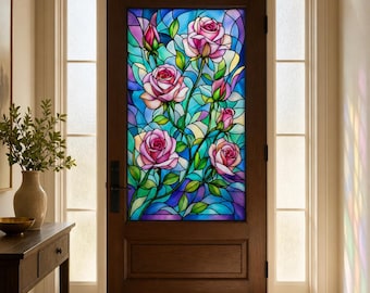 Blue Rose Static Cling Window Film, Custom Size Printed Stained Glass Effect for Front Door Privacy