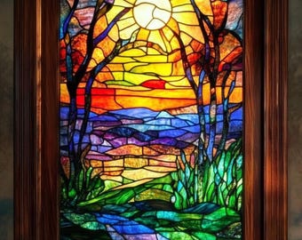 カスタムサイズ サンセット風景ステンドグラスウィンドウフィルム 鮮やかな自然にインスパイアされたプライバシー装飾 自宅オフィスと浴室用 静電気でくっつく