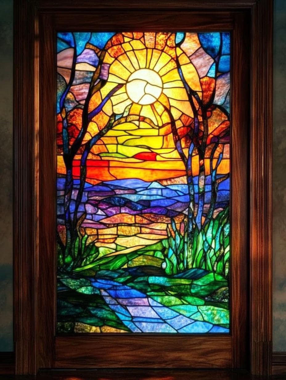 Custom Size Sunset Landscape Stained Glass Window Film Vibrant Nature ...