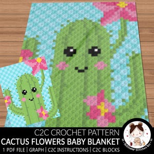 C2C Crochet Pattern | Cute Cactus with Flowers | Blanket | 1 PDF file to download | Graph | C2C Instructions | C2C Blocks