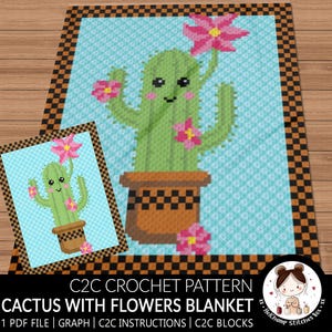 C2C Crochet Pattern | Cactus with Flowers | Blanket | 1 PDF file to download | Graph | C2C Instructions | C2C Blocks
