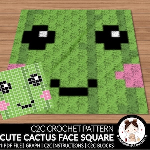 C2C Crochet Pattern | Cute Cactus Face | Quilt Square | 1 PDF file to download | Graph | C2C Instructions | C2C Blocks