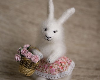 Bunny with a basket of flowers gift for her for him cute animal lover rabbit kawaii miniature figurine stuffed plushies home decor fluffy