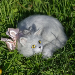 Cat with mouse Kitten stuffed cute white grey gift for her plush home decor fluffy knitted cat figurine kawaii
