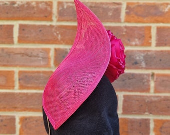 Fuchsia pink pointed fascinator hat with silk rose, Royal Ascot, wedding, ladies day, races