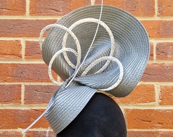 Silver grey medium sculptural fascinator hat headpiece with loops and quill, Royal Ascot, wedding, ladies day, races