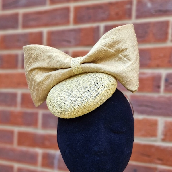 Yellow gold button percher hat fascinator with oversized silk bow, Royal Ascot, wedding, ladies day, races