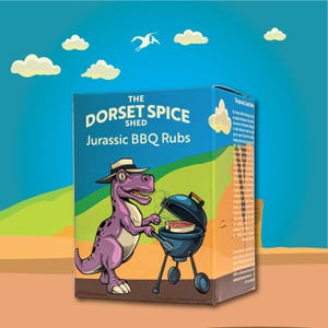 Dorset Spice Shed Jurassic BBQ Seasonings-cadeauset van 3 BBQ Rubs - GRATIS wenskaart - een perfect zomerbarbecuecadeau om buiten te koken