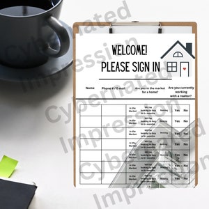 Puede incluir: Un portapapeles con una hoja de registro de bienvenida para bienes raíces. La hoja de registro incluye campos para el nombre, el teléfono y preguntas sobre el mercado y el agente inmobiliario. Un gráfico de casa con un corazón está en la parte superior.