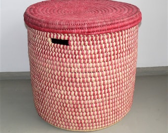 Laundry basket in pink "TURKANA BASKET" made of palm leaves | Organization storage | Origin: Kenya