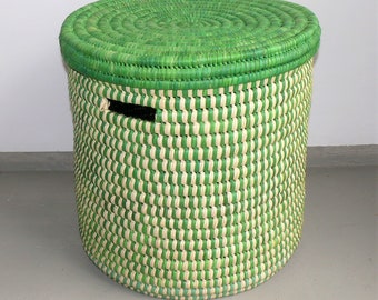 Laundry basket in lime green "TURKANA BASKET" made of palm leaves | Organization storage | Origin: Kenya