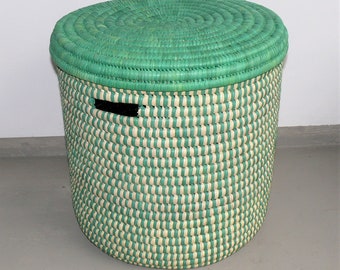 Laundry basket in green "TURKANA BASKET" made of palm leaves | 40x41cm | Organization storage | Origin: Kenya