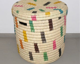 Laundry basket in colorful "TURKANA BASKET" made of palm leaves | Organization storage | Origin: Kenya
