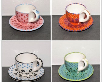 Tasses à expresso en céramique avec sous-verres Afrique du Sud | Ø 7 cm, hauteur 6 cm | conception peinte à la main | signé | lave-vaisselle