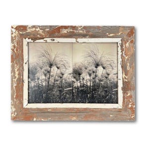May include: A rectangular framed print featuring a black and white photograph of tall, feathery plants in a field. The frame is made of distressed wood with a white inner border and a weathered, orange-brown finish.