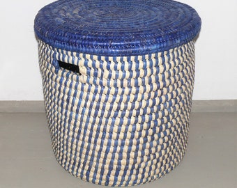 Laundry basket in blue "TURKANA BASKET" made of palm leaves | Organization storage | Origin: Kenya